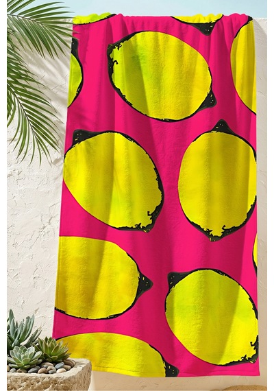 Limon Temalı Fuşya Sarı Plaj Havlusu - Tropikal Pop Art Havuz Deniz Hızlı Kuruyan Mikrofiber Havlu Çok Renkli