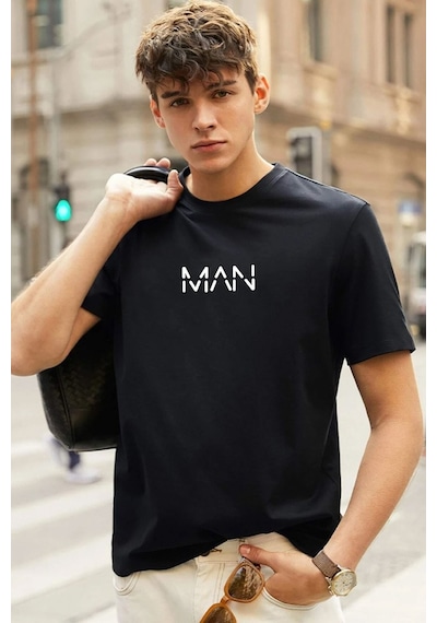 Unisex Man Baskılı T-shirt Siyah