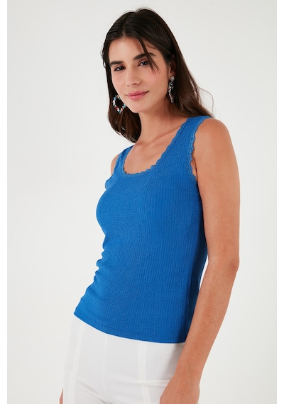 Lela Slim Fit Kalın Askılı Dantelli Kare Yaka Bürümcük Bayan Atlet 5864979 Saks