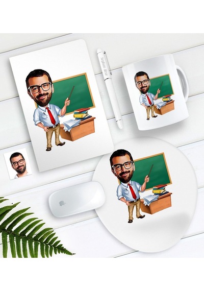 Kişiye Özel Bay Öğretmen Karikatürlü Defter Kalem Kupa Mouse Pad Seti