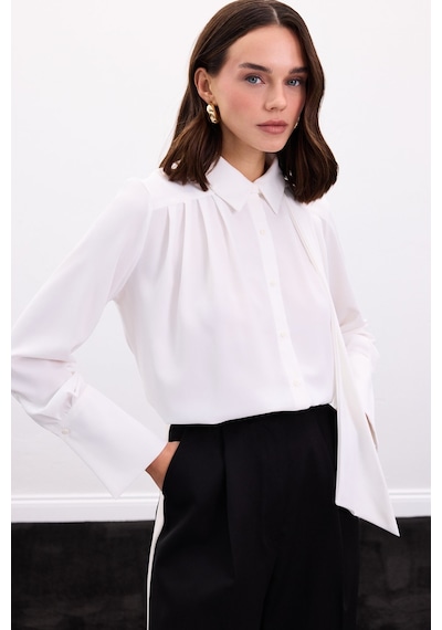 Sateen Fularlı Gömlek - Ekru-136901 ekru