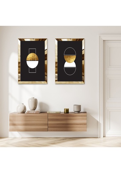 Gold Aynalı Pleksi Çerçeveli Siyah Arka Planlı Dekoratif Şekiller İkili Mdf Tablo Seti
