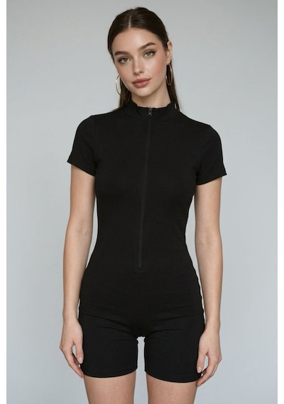 Madmext Siyah Slim Fit Fermuarlı Şort Tulum Mg2794