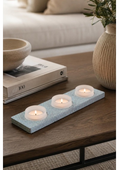 Ahşap Granit Dokulu Boyalı 3 Lü Tealight Mumluk Turkuaz