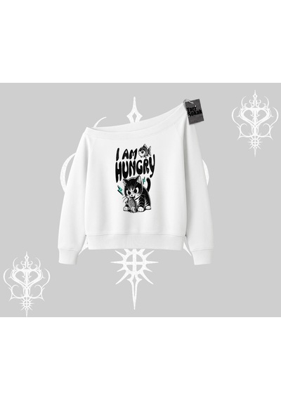 Startmore Am Hungry Kedi Baskılı Kayık Yaka Sweatshirt Beyaz