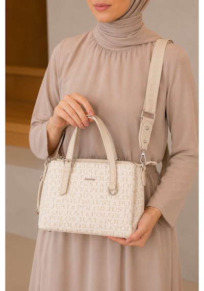 Just Polo Kadın Orta Boy Premium Deri Ayarlanabilir Askılı 3 Bölmeli Şık El & Omuz Çantası Shoulder Bag Krem