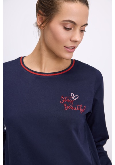 Man11583-1020 Anil Ev Giyim Anıl Kadın Uzun Kol Sweatshirt Ve Kalpli Pantolon Pijama Takımı Şık Ve Rahat Ev Giyimi 11583 Lacivert