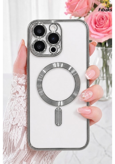 Fibaks iPhone 16 Pro Max Uyumlu Kılıf Kamera Lens Korumalı Magsafe Şarj Kilifi Şeffaf Renkli Yumuşak Kapak Gümüş