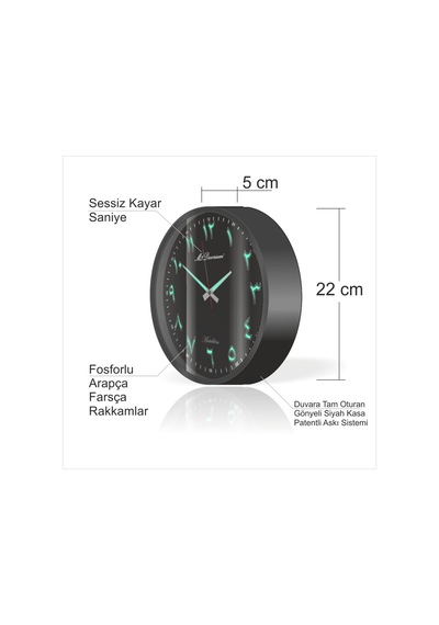 Küçük Siyah Çerçeve Zemin 22Cm Arapça Farsça Fosforlu Duvar Saati (502950494) Siyah