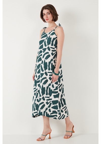 Lela Desenli Midi Boy Oversize Fit Bağlamalı Ip Askılı Bisiklet Yaka Bayan Elbise 5869009 Nefti