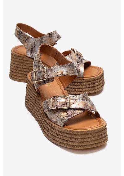 Luvishoes Mırette Altın Desenli Hakiki Deri Kadın Dolgu Tabanlı Sandalet