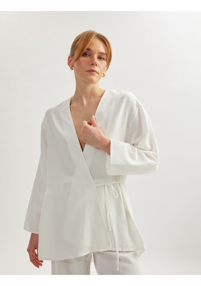 Koton Keten Karışımlı Uzun Geniş Kollu Kruvaze Kimono Kırık Beyaz 5sak60007pw Ekru