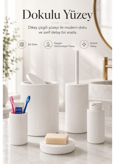 5 Parça Beyaz Banyo Seti Diş Fırçalık Çöp Kovası Sabunluk Sıvı Sabunluk Tuvalet Fırçası