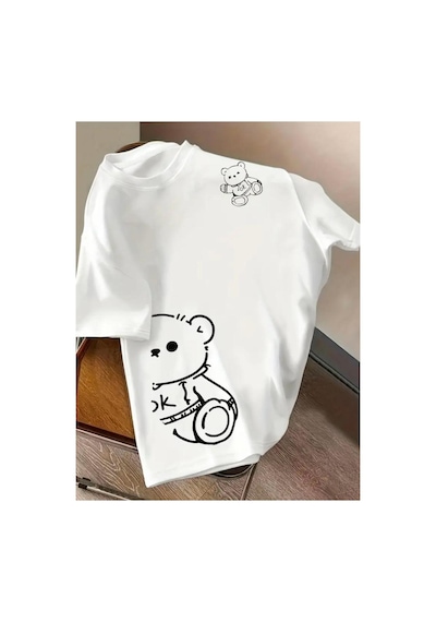 Medinenur Tedy Bear Baskılı Basic T-shirt Beyaz