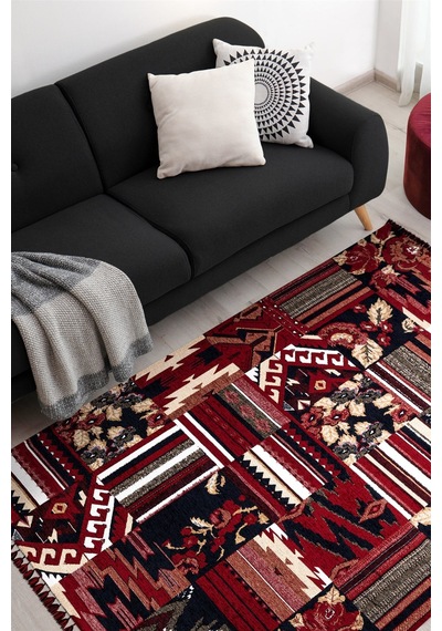 Kırmızı Renkli Afgan Tarzı Altı Kaymaz Yıkanabilir Şönil Kilim-487