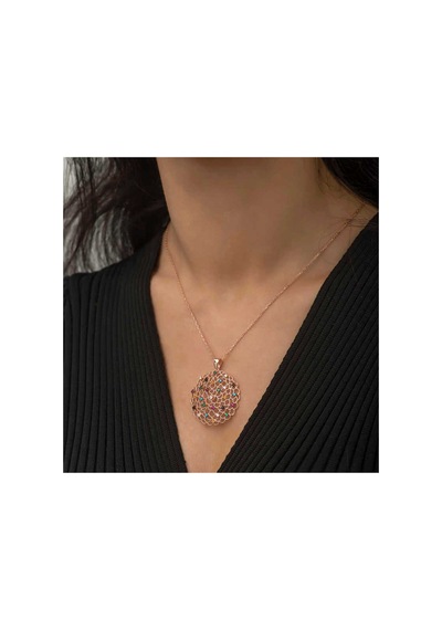 Gümüş Rose Geometrik Desenli Madalyon Kolye Çok Renkli Çok Renkli