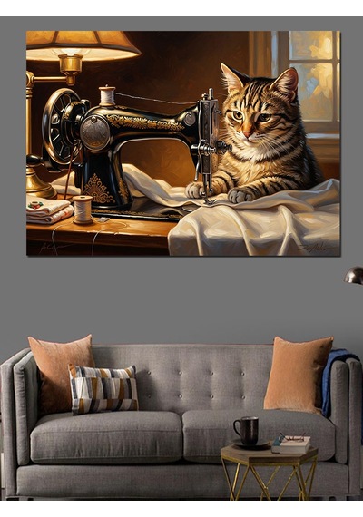 Ahşap Tablo Dikiş Makinesi Ve Meraklı Kedi