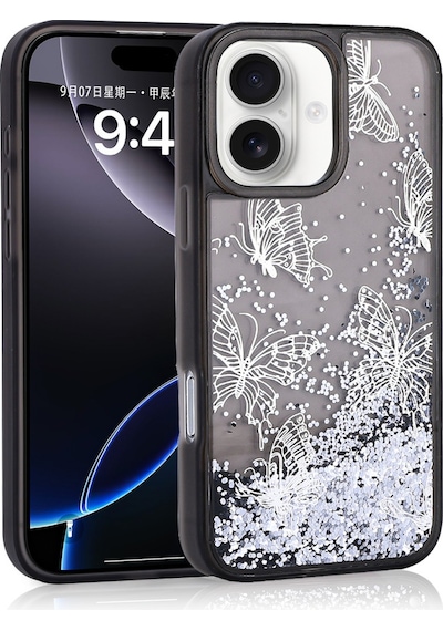 Apple iPhone 16 Uyumlu Kılıf Sıvılı Simli Kelebek Baskılı Şeffaf Arka Yüzey Zore Glis Silikon Kapak-siyah Siyah