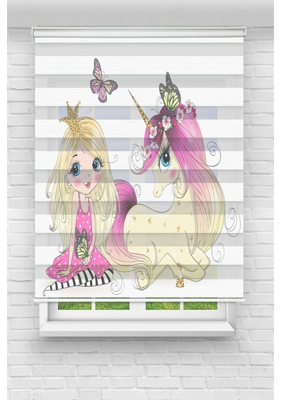 Perdecizade Enxboy Kız Ve Unicorn Dijital Baskılı Zebra Perde-cocuk Odası-stor Perde Renkli