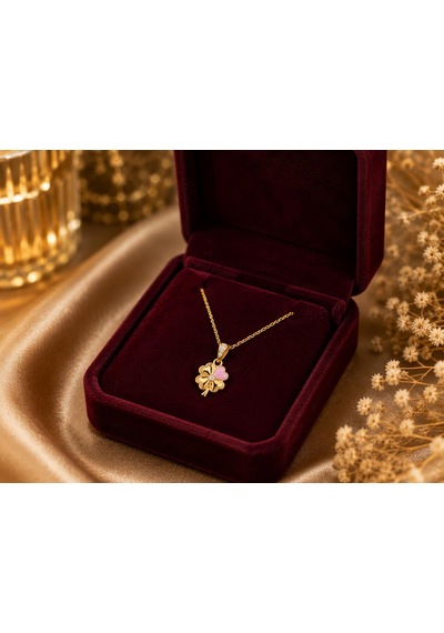 Gold Pembe Yonca Altın Kolye