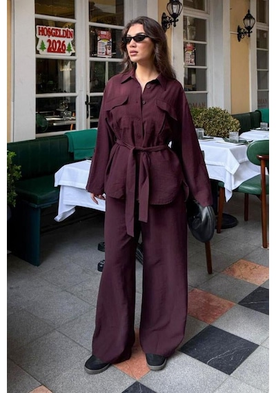 Seeh Bordo Uzun Kollu Oversize Kadın Takım Sh338 Standart