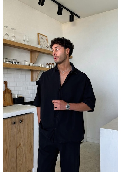 Flaw Basic Oversize Kısa Kol Keten Gömlek Siyah-26087 Siyah