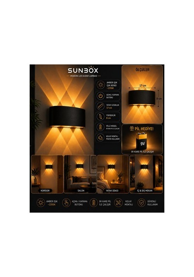 Pilli Yapışkanlı Amber Led Duvar Aplik Kablosuz Modern Aydınlatma Amber Işık Amber Işık