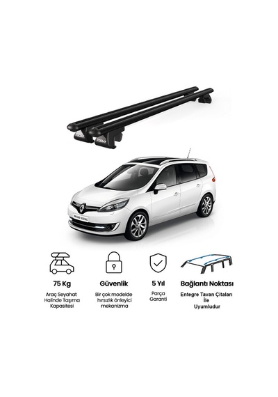 Venüs Renault Scenic 7 Posti 2013-2016 Uyumlu Siyah Ara Atkı Port Bagaj Tavan Barı