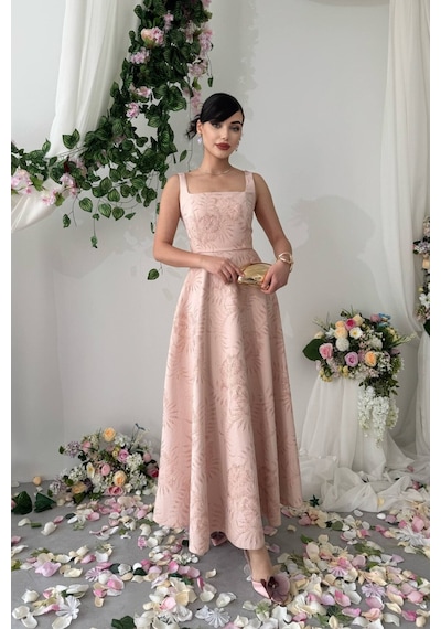 Nils Butik Askılı Kare Yaka Jakar Desenli Seraphine Midi Elbise Açık Pembe