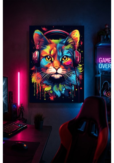 Gaming Kulaklıklı Kedi Metal Duvar Tablosu Gamer Oda Dekoru Renkli Tasarım 30x40 Cm A3 Boyutunda