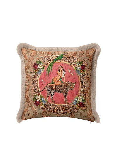 Barok Vintage Saçaklı Yastık Kılıfı - Nostaljik Pembe Leopar Yeşil Bohem Püsküllü Kırlent Kılıfı Çok Renkli