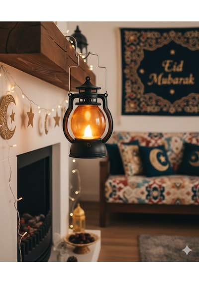 13 Cm Ledli Gaz Lambası Model Siyah Fener - Pil Dahil Dekoratif Fener Diğer