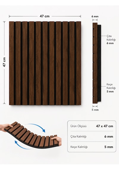 Beylini Mdf Ahşap Duvar Akustik Paneli 3d Ses Engelleyici Yalıtımlı Panel 47x47 Cm Tavan Duvar Kapı Kaplama Ceviz Renk