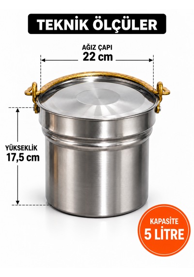 5 Litre Paslanmaz Çelik Yoğurt Mayalama Ve Süt Kabı Satır/bakraç Geleneksel Sarı Kulplu - 16 Helke Metalik