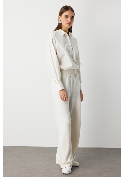 Mizalle Geniş Paça Beli Lastikli Ekru Triko Jogger Pantolon Ekru