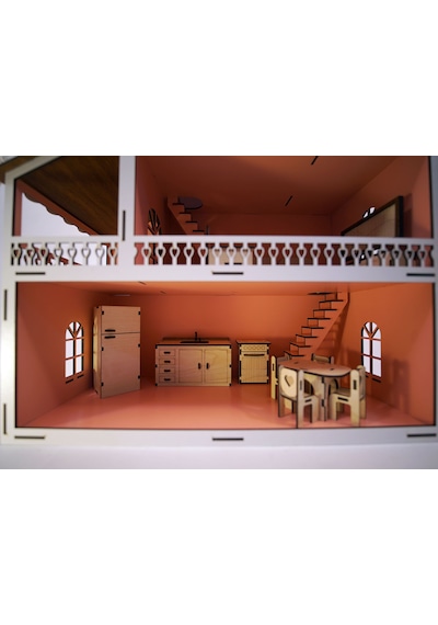 Wood Kids Toys Mobilyalı Ahşap Bebek-Çocuk Oyun Evi Seti
