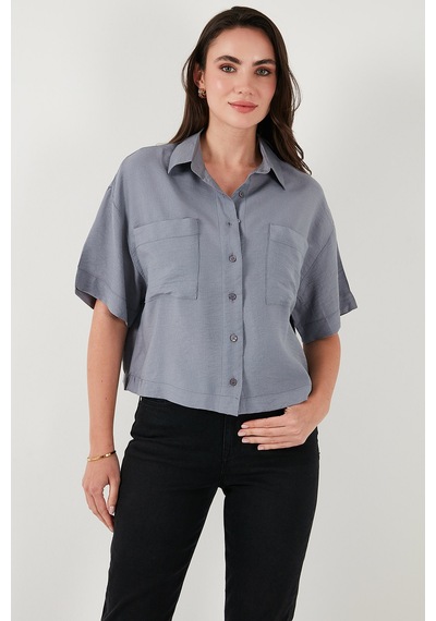 Lela Regular Fit Cep Detaylı Kısa Kollu Bayan Gömlek 6778568 Gri