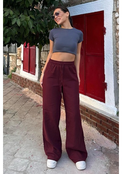Madmext Bordo Bol Paça Müslin Kadın Pantolon Mg1980 Bordo