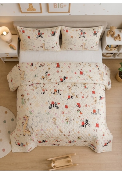 Çift Kişilik Kapitone Dolgulu Safari Desen Pike 4 Mevsim 2 Adet Yastık Kılıfı Dahil 200x230cm Bej