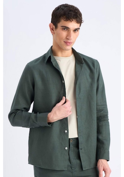 DeFacto %100 Keten Regular Fit Polo Yaka Yazlık Uzun Kollu Gömlek D9925AX25SPKH498