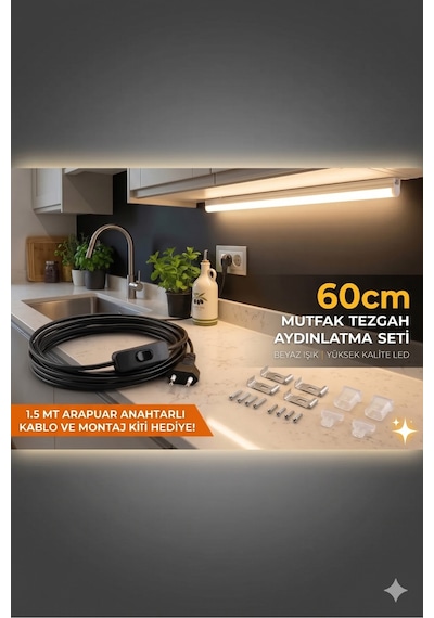 60 Cm Mutfak Tezgah Aydınlatması ,beyaz Anahtarlı Kablolu Set,led İnce L,t5 Bant Armatür Led Mutfak Tezgah Altı Aydınlatma Seti Beyaz
