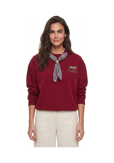 Onloox Kadın Bordo Bordo Pamuklu Üç İplik Şardonlu Oversize Leopar Nakışlı Fular Detaylı Sweatshirt