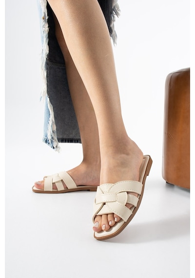 Dabab Shoes Lında Kadın Krem Kare Burun Örgü Bantlı Düz Taban Günlük Terlik