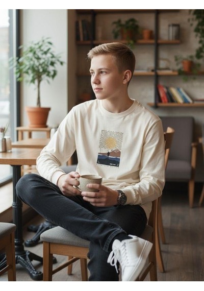 Zekids Erkek Çocuk Pamuklu Manzara Baskılı İnce Uzun Kollu Sweatshirt-16341 Krem