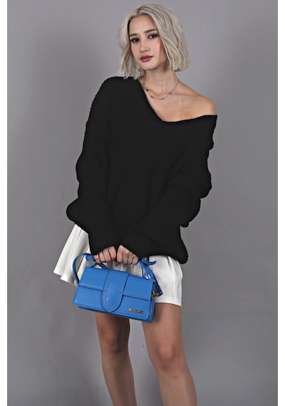 Madmext Siyah Oversize V Yaka Triko Kazak Mg1440 Siyah