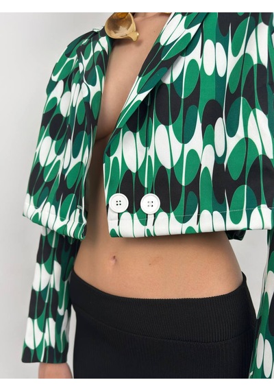 Yeni Sezon Desenli Simetrik Katlamalı Yaka Tek Düğme Crop Kadın Blazer Ceket 24s08012 Yeşil