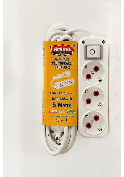 Amiral 3' Lü Topraklı Anahtarlı 5 Metre Kablolu Grup Priz 5 M