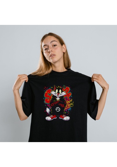 Vinevesta Sylvester Graffiti Baskılı Unisex Siyah Oversize Tişört - 24/1 Penye Çok Renkli