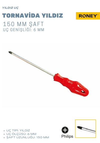 Yıldız Tornavida 6x150, 6 Mm Uç Ölçüsü Ve 150 Mm Şaft Uzunluğu Yıldız Başlı