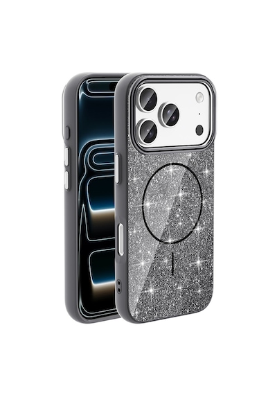 Apple, Uyumlu iPhone 17 Pro Kılıf M-safe Şarj Özellikli Parlayan Simli Zore Okso Kapak Siyah